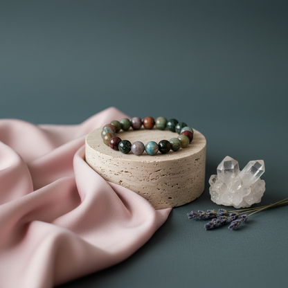 Indian Agate bead bracelet displayed on round pedestal with clear quartz cluster and lavender sprigs on soft teal surface. — for Carpe Diem Dream