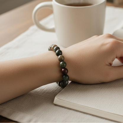 Indian Agate beaded bracelet worn on wrist while holding a book beside neutral coffee mug. — for Carpe Diem Dream