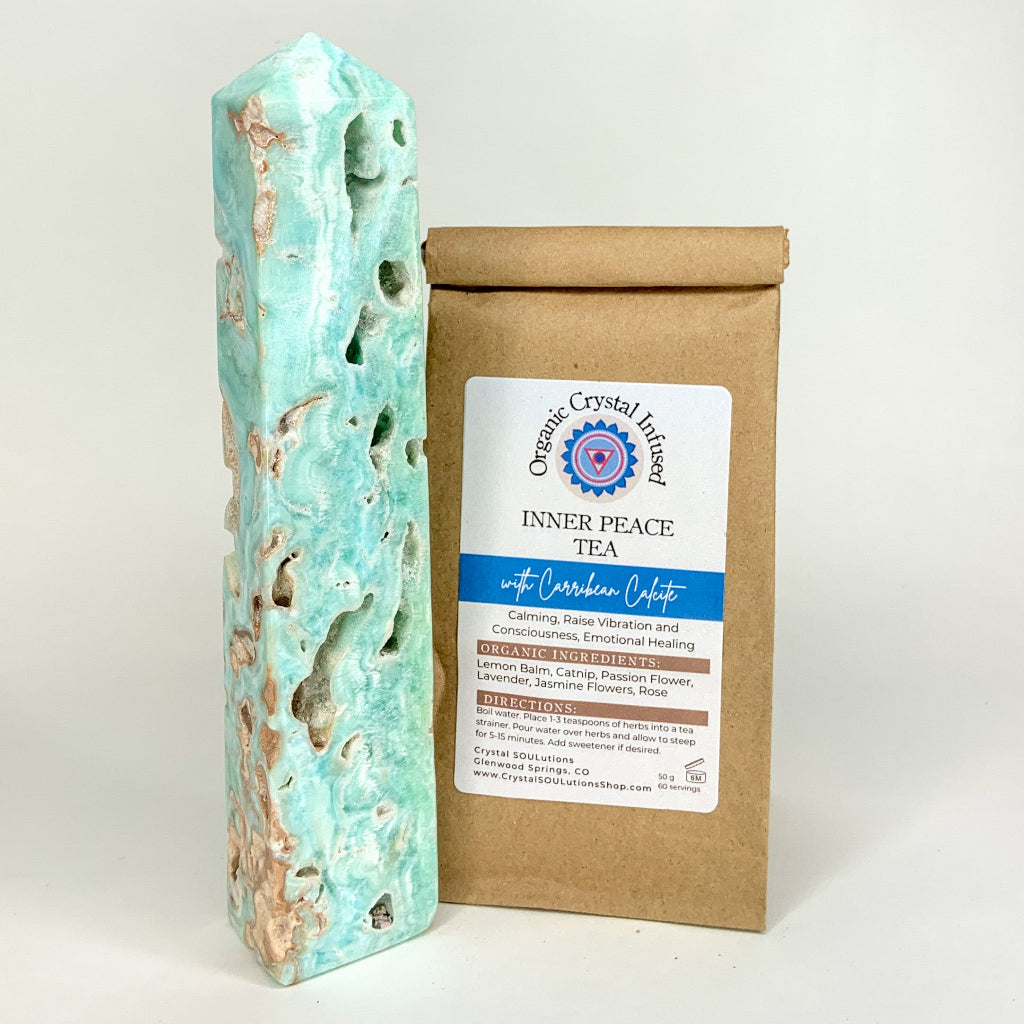 Inner Peace Tea – Organic Crystal-Infused Herbal Tea with Caribbean Blue Calcite in the authentic 50 g kraft bag supplier image, showing the original product packaging and label exactly as provided. — for Carpe Diem Dream