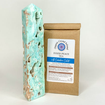 Inner Peace Tea – Organic Crystal-Infused Herbal Tea with Caribbean Blue Calcite in the authentic 50 g kraft bag supplier image, showing the original product packaging and label exactly as provided. — for Carpe Diem Dream