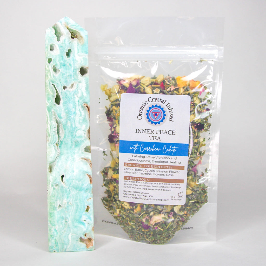 Inner Peace Tea – Organic Crystal-Infused Herbal Tea with Carribean Calcite in the authentic 20 g stand-up pouch supplier image, showing the original loose-leaf herbal blend, packaging, and printed label exactly as provided. — for Carpe Diem Dream