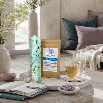 Inner Peace Tea – Organic Crystal-Infused Herbal Tea with Carribean Calcite styled within a serene future-vision wellness space with natural stone, soft mauve and dark teal textiles, journaling details, clear tea, cool diffused daylight, and quiet-luxury styling. The authentic product supports a peaceful lifestyle centered on reflection, clarity, and intentional living. — for Carpe Diem Dream