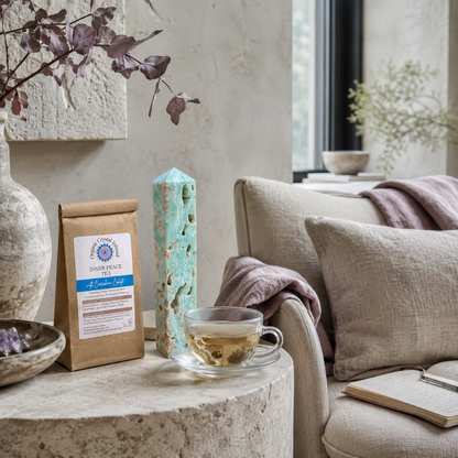 Inner Peace Tea – Organic Crystal-Infused Herbal Tea with Carribean Calcite styled in a serene quiet-luxury retreat with Roman Clay walls, natural limestone, soft mauve textiles, cool diffused daylight, and calming tea ritual details. The authentic product supports an atmosphere of inner peace, reflection, and intentional living. — for Carpe Diem Dream