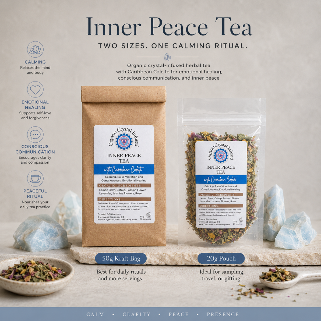 Inner Peace Tea – Organic Crystal-Infused Herbal Tea with Carribean Calcite displayed in both the 50g Kraft Bag and 20g Pouch within a premium Carpe Diem Dream editorial comparison featuring Roman Clay walls, natural limestone, soft blue accents, educational typography, and cool diffused daylight. The authentic product variants remain true to scale while helping customers choose the size that best fits their ritual. — for Carpe Diem Dream