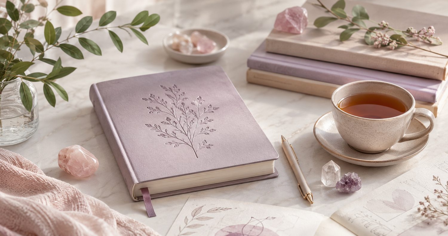 Mauve journal, tea, crystals, botanical accents, and reflective stationery arranged in a serene workspace. — for Carpe Diem Dream