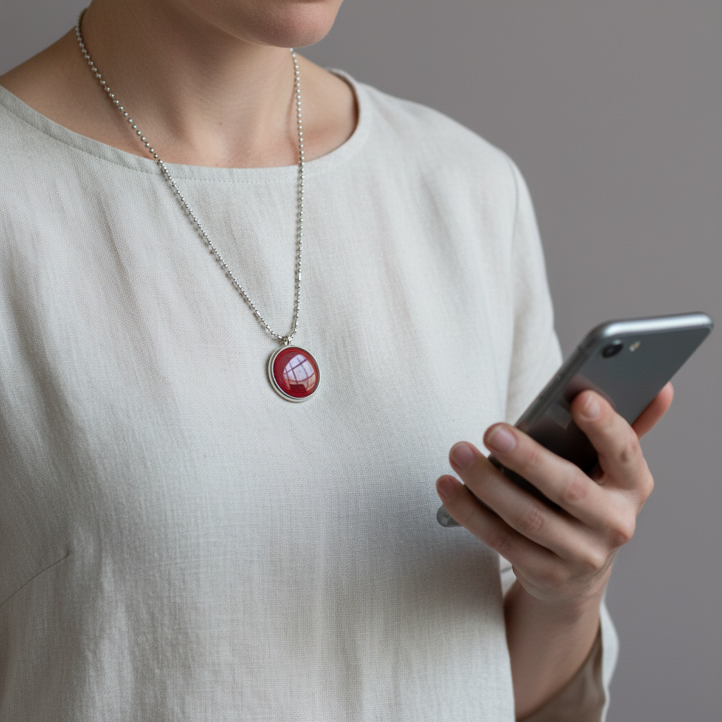 A person wearing an ion glass defense pendant with a red spiral design on a silver chain while holding a smartphone, showing everyday wearable use. — for Carpe Diem Dream