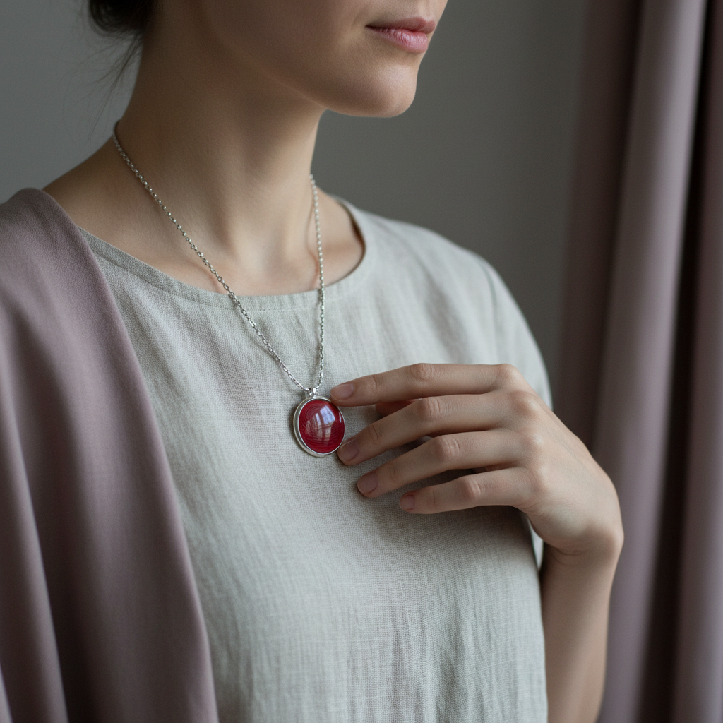 A person wearing an ion glass defense pendant with a red spiral design on a silver chain, gently holding the pendant against a neutral top in soft natural light. — for Carpe Diem Dream