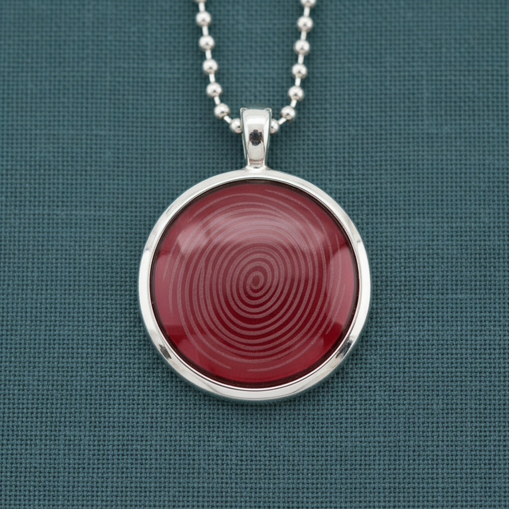 A round ion glass defense pendant with a red spiral design set in a silver frame, displayed on a teal textured surface in soft natural light. — for Carpe Diem Dream