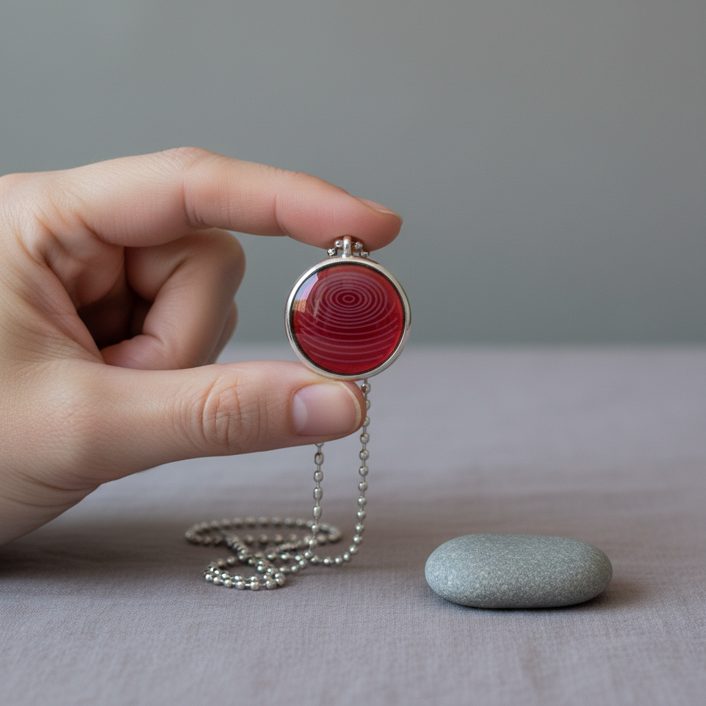 A hand holding an ion glass defense pendant with a red spiral design on a silver chain, shown next to a small stone to demonstrate size and scale. — for Carpe Diem Dream