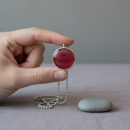 A hand holding an ion glass defense pendant with a red spiral design on a silver chain, shown next to a small stone to demonstrate size and scale. — for Carpe Diem Dream
