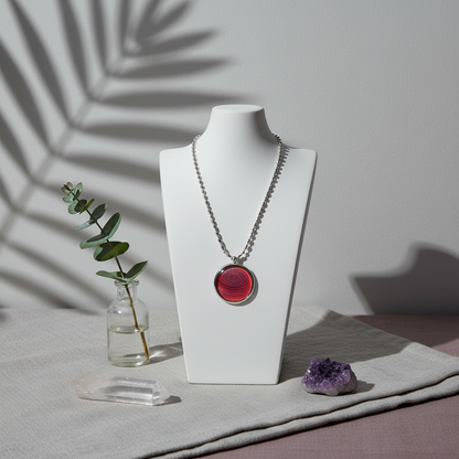 An ion glass defense pendant with a red spiral design displayed on a white jewelry stand with soft botanical shadows, a small glass vase with greenery, and crystals on a neutral surface in natural light. — for Carpe Diem Dream