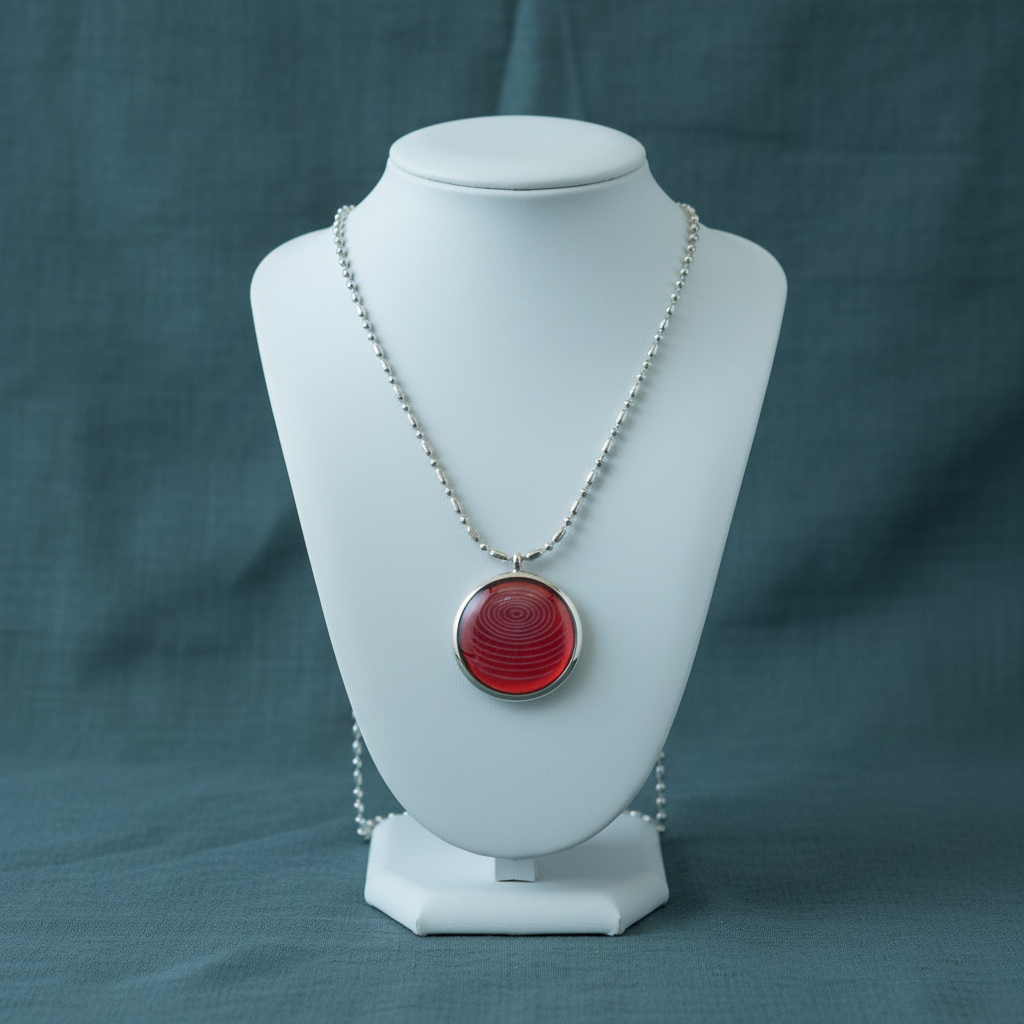 An ion glass defense pendant with a red spiral design displayed on a white jewelry stand against a teal fabric background in soft, even lighting. — for Carpe Diem Dream