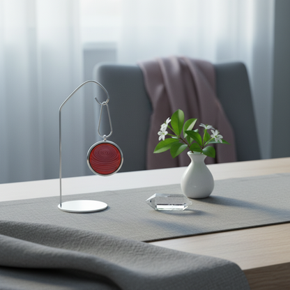 An ion glass defense pendant with a red spiral design hanging on a minimal stand beside a small vase with greenery on a softly lit table in a calm home setting. — for Carpe Diem Dream