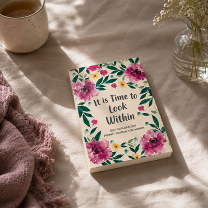 It Is Time to Look Within self-exploration journal displayed closed on a soft neutral textile surface with natural light, creating a calm and reflective self-discovery atmosphere — for Carpe Diem Dream