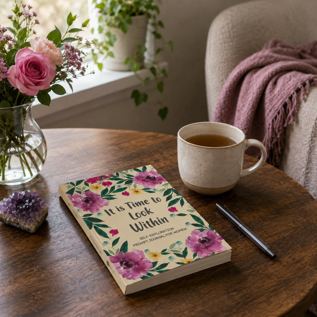 It Is Time to Look Within self-exploration journal displayed on a wooden table beside tea, flowers, and crystal accents in a calm home sanctuary setting — for Carpe Diem Dream