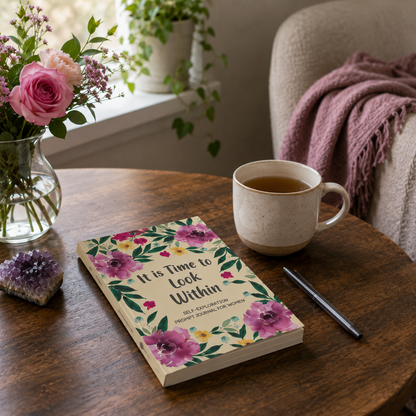 It Is Time to Look Within self-exploration journal displayed on a wooden table beside tea, flowers, and crystal accents in a calm home sanctuary setting — for Carpe Diem Dream
