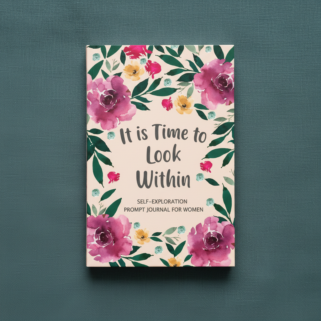 It Is Time to Look Within self-exploration journal displayed upright on a dark teal linen background, featuring guided reflection and self-discovery prompts — for Carpe Diem Dream