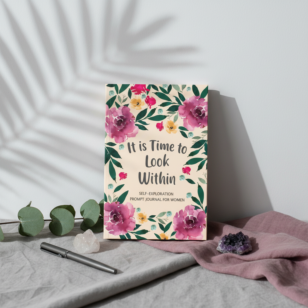 It Is Time to Look Within self-exploration journal displayed with eucalyptus, crystals, mauve textiles, and botanical shadows in a mindful reflection setting — for Carpe Diem Dream