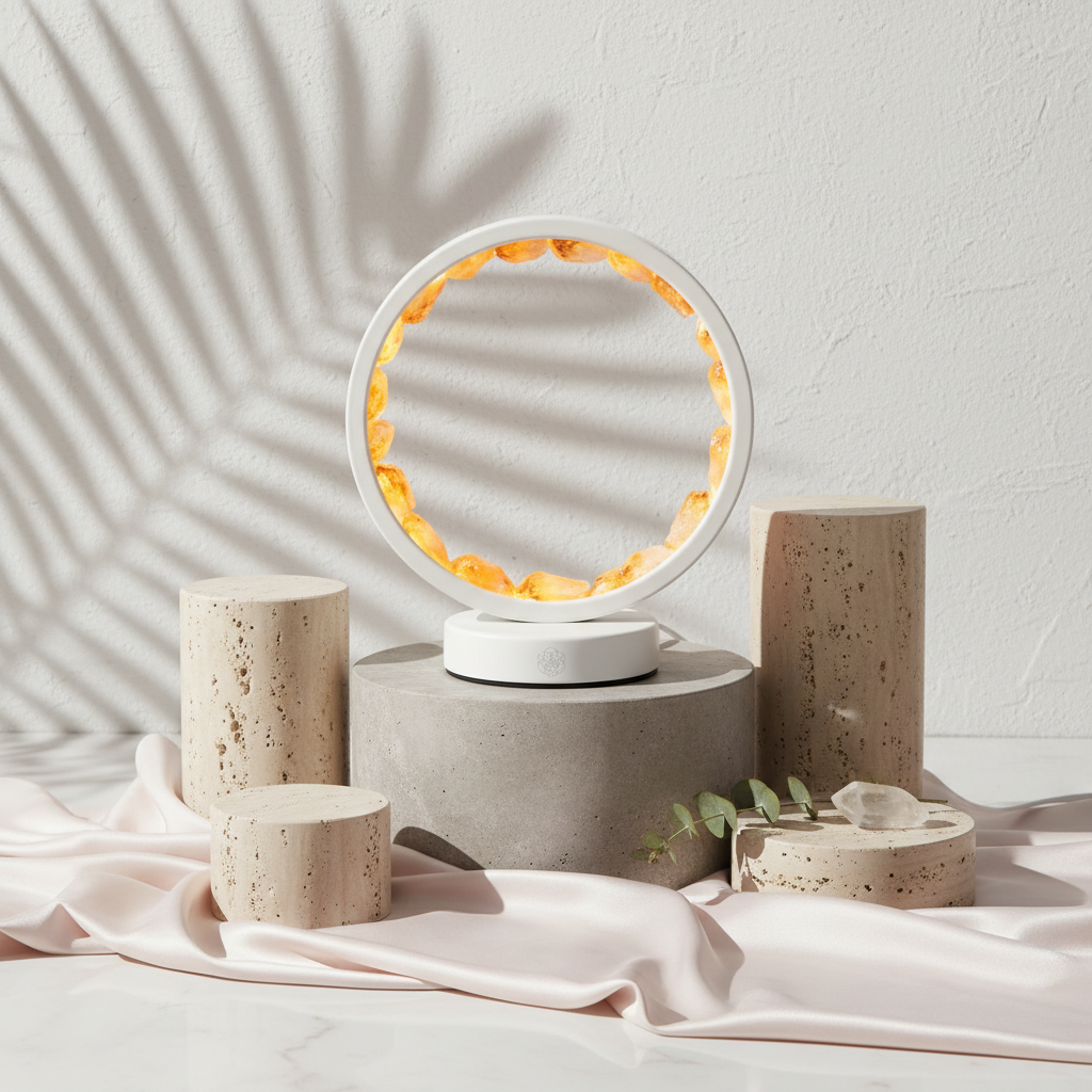 Citrine manifestation lamp styled with stone pedestals, eucalyptus, and soft shadows on a textured wall. — for Carpe Diem Dream