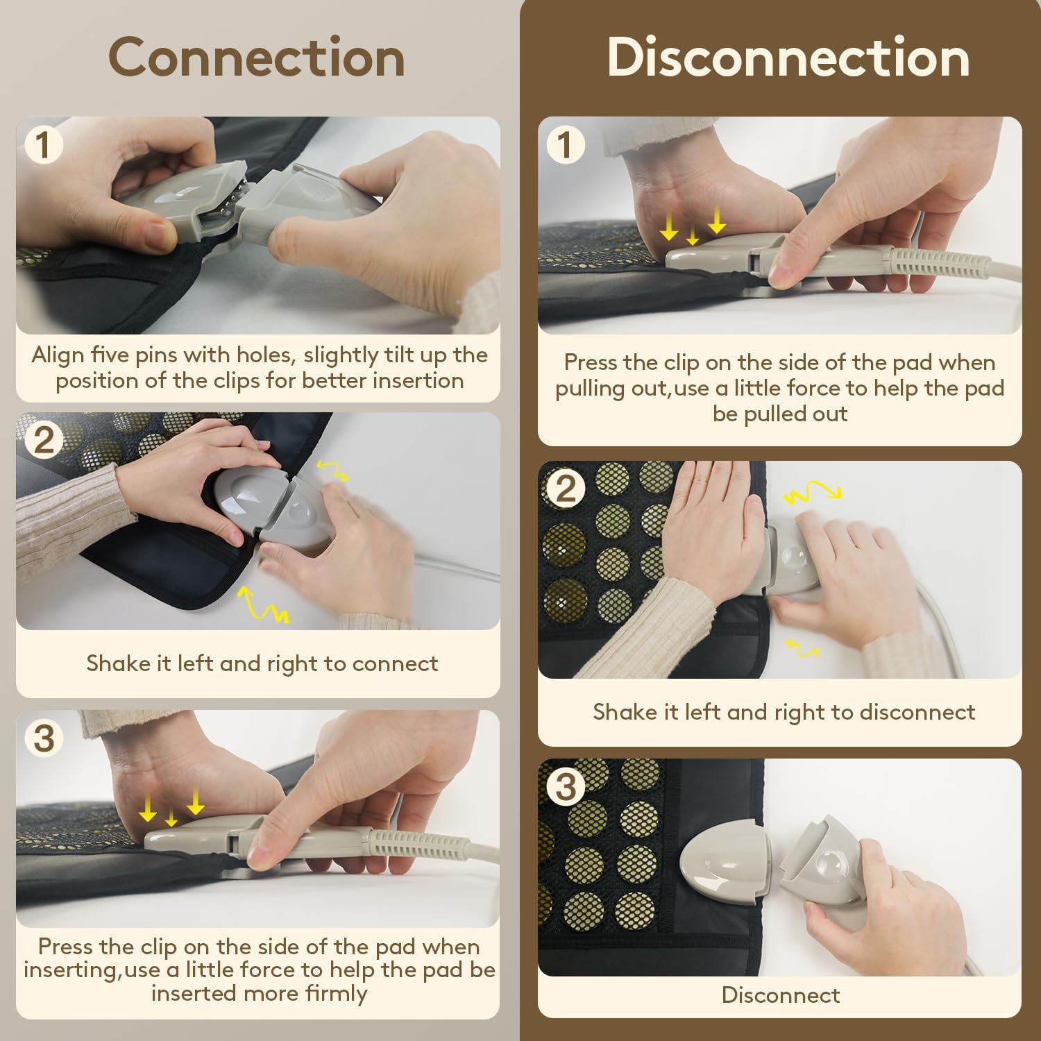 Instruction diagram showing how to connect and disconnect the controller cable on a jade and tourmaline far infrared heating pad. — for Carpe Diem Dream