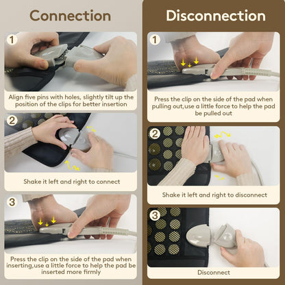 Instruction diagram showing how to connect and disconnect the controller cable on a jade and tourmaline far infrared heating pad. — for Carpe Diem Dream