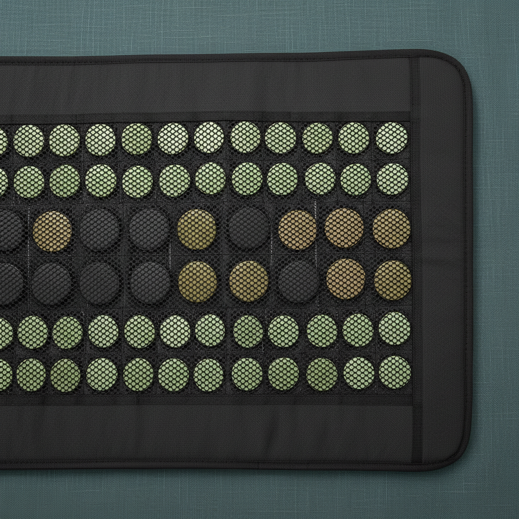 Close-up detail of jade and tourmaline stones embedded in a far infrared heating pad on a muted teal textured background. — for Carpe Diem Dream