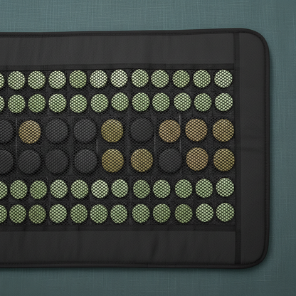 Close-up detail of jade and tourmaline stones embedded in a far infrared heating pad on a muted teal textured background. — for Carpe Diem Dream