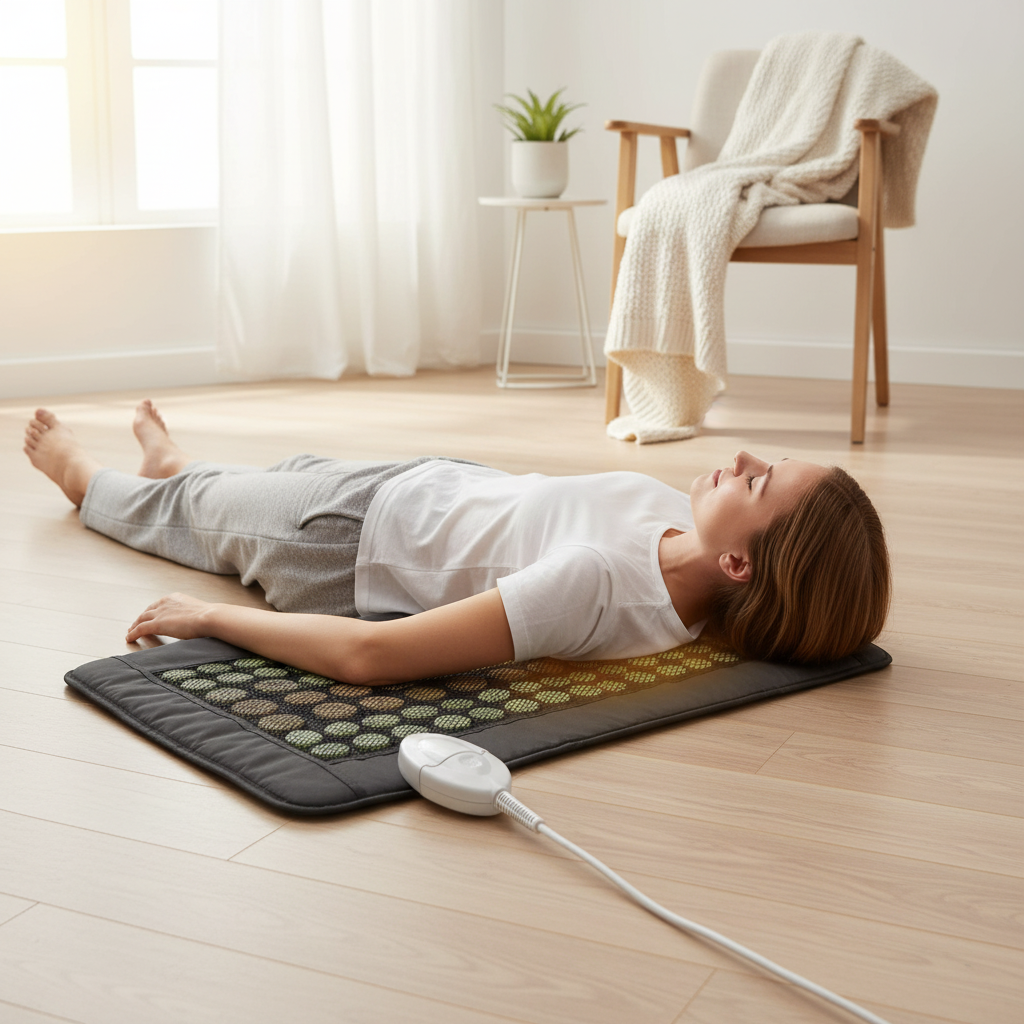 Woman relaxing on a jade and tourmaline far infrared heating pad in a bright minimalist room during a wellness recovery session. — for Carpe Diem Dream