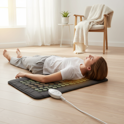 Woman relaxing on a jade and tourmaline far infrared heating pad in a bright minimalist room during a wellness recovery session. — for Carpe Diem Dream