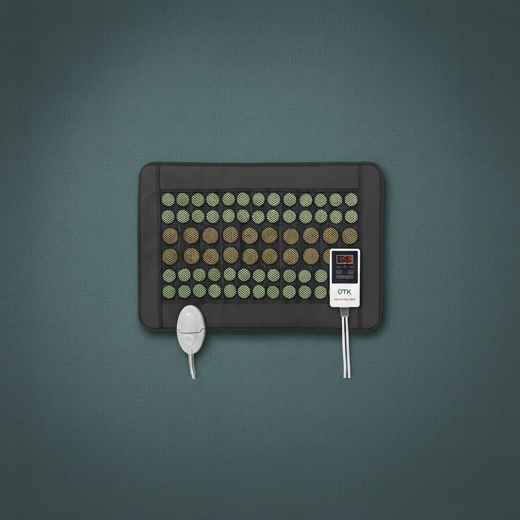 Jade and tourmaline far infrared heating pad with digital controller displayed on a muted teal textured background. — for Carpe Diem Dream