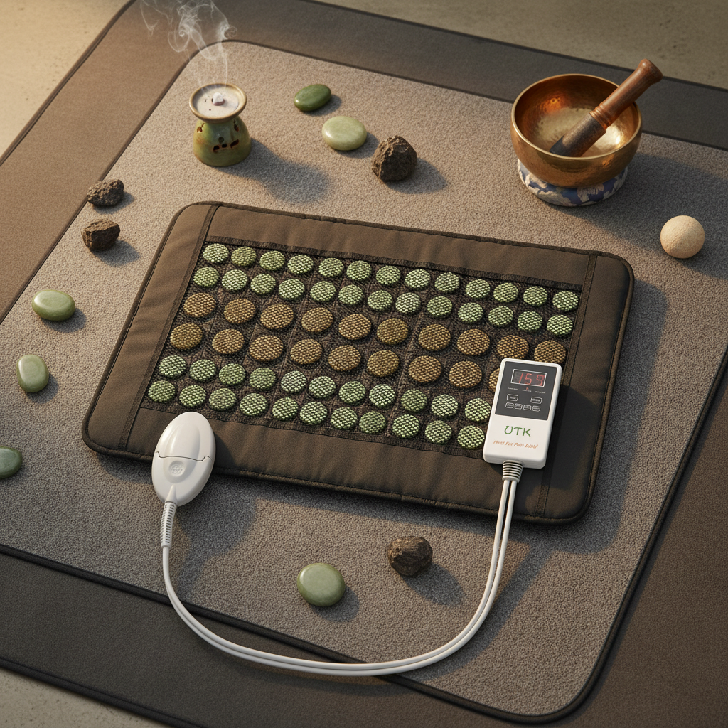 Jade and tourmaline far infrared heating pad displayed in a meditation setting with stones, incense, and a singing bowl. — for Carpe Diem Dream