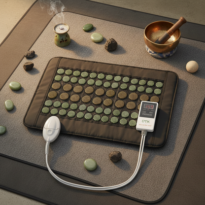 Jade and tourmaline far infrared heating pad displayed in a meditation setting with stones, incense, and a singing bowl. — for Carpe Diem Dream