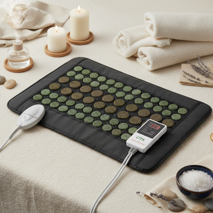 Jade and tourmaline far infrared heating pad styled in a calming spa retreat setting with candles, towels, and wellness décor. — for Carpe Diem Dream
