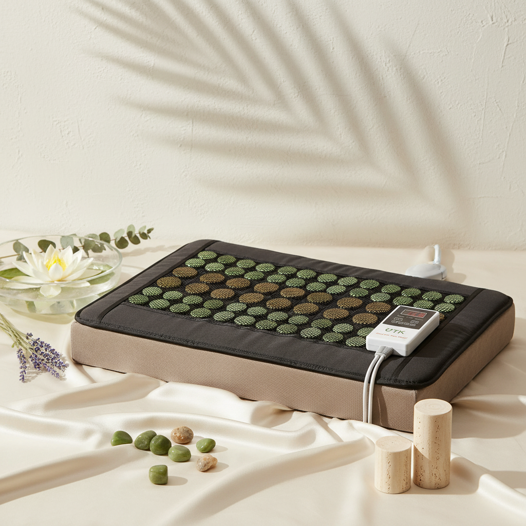 Jade and tourmaline far infrared heating pad styled in a serene studio botanical scene with soft linens and natural décor. — for Carpe Diem Dream
