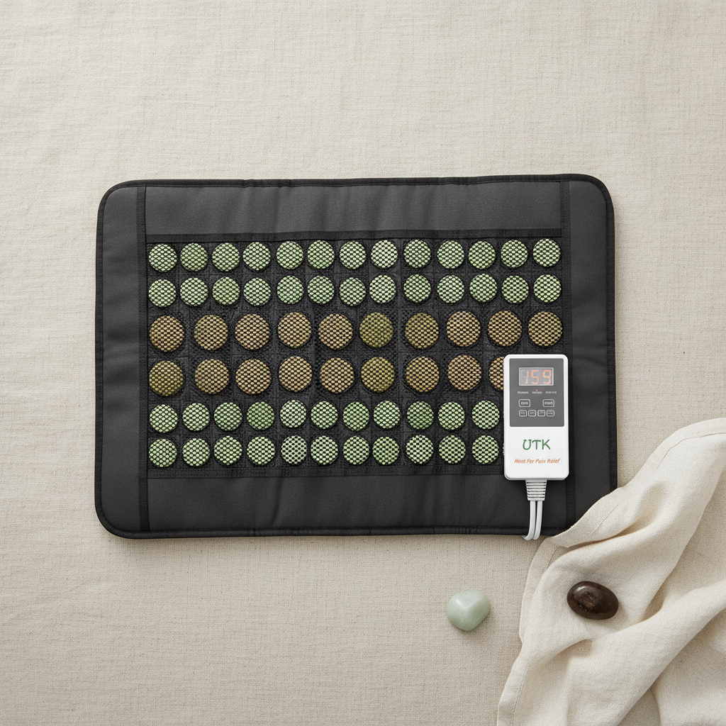 Jade and tourmaline far infrared heating pad with digital controller displayed on a neutral textured background with soft wellness styling. — for Carpe Diem Dream