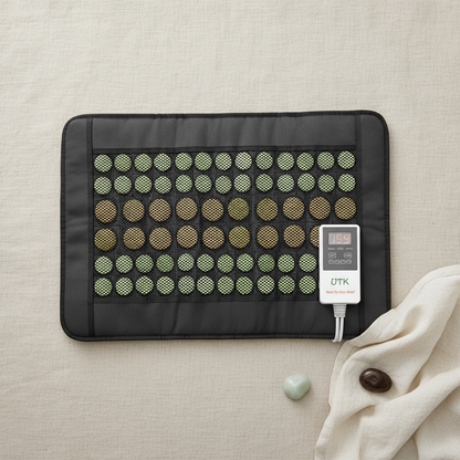 Jade and tourmaline far infrared heating pad with digital controller displayed on a neutral textured background with soft wellness styling. — for Carpe Diem Dream