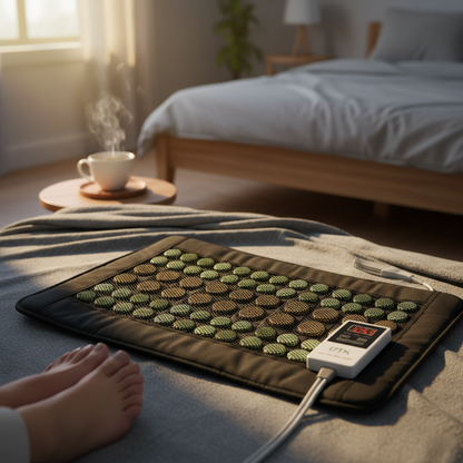 Jade and tourmaline far infrared heating pad placed on a bed in a peaceful bedroom wellness scene with soft morning light. — for Carpe Diem Dream
