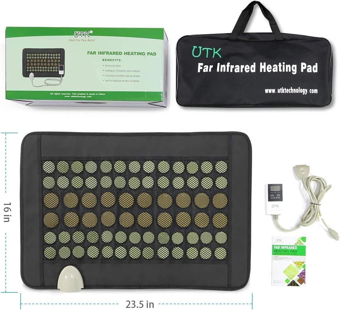 Jade and tourmaline far infrared heating pad with digital controller, power cord, packaging box, and carrying bag showing what is included. — for Carpe Diem Dream