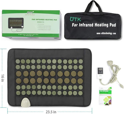 Jade and tourmaline far infrared heating pad with digital controller, power cord, packaging box, and carrying bag showing what is included. — for Carpe Diem Dream