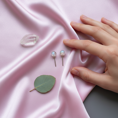 Silver labradorite earrings styled on soft pink silk beside a leaf, crystal piece, and a hand gently touching the fabric. — for Carpe Diem Dream