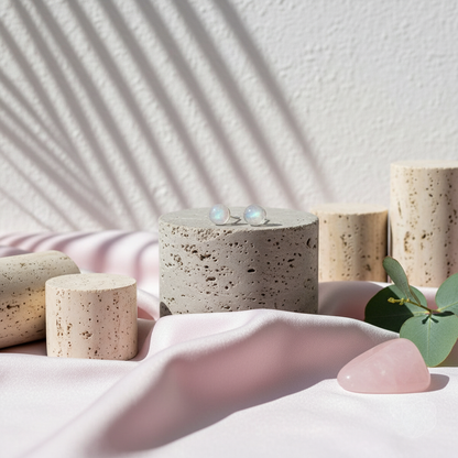 Silver labradorite stud earrings styled on stone pedestals, pink silk draping, and soft shadows on a textured studio wall. — for Carpe Diem Dream