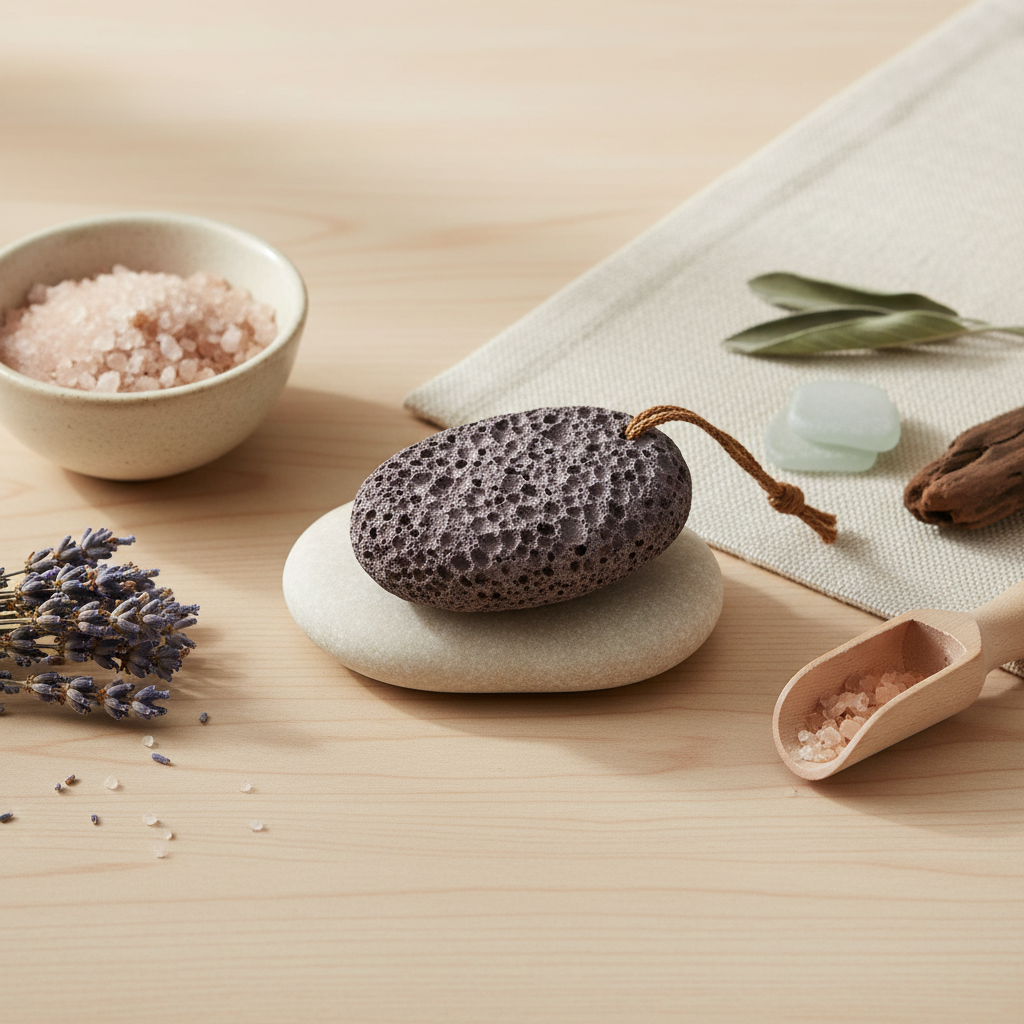 A natural volcanic lava pumice stone displayed with bath salts, lavender, and soft wellness elements on a wooden surface in a calm ritual setting. — for Carpe Diem Dream