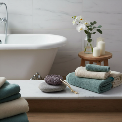 A natural volcanic lava pumice stone displayed on a bathroom ledge with folded towels, candles, and a bathtub in a calm spa setting. — for Carpe Diem Dream