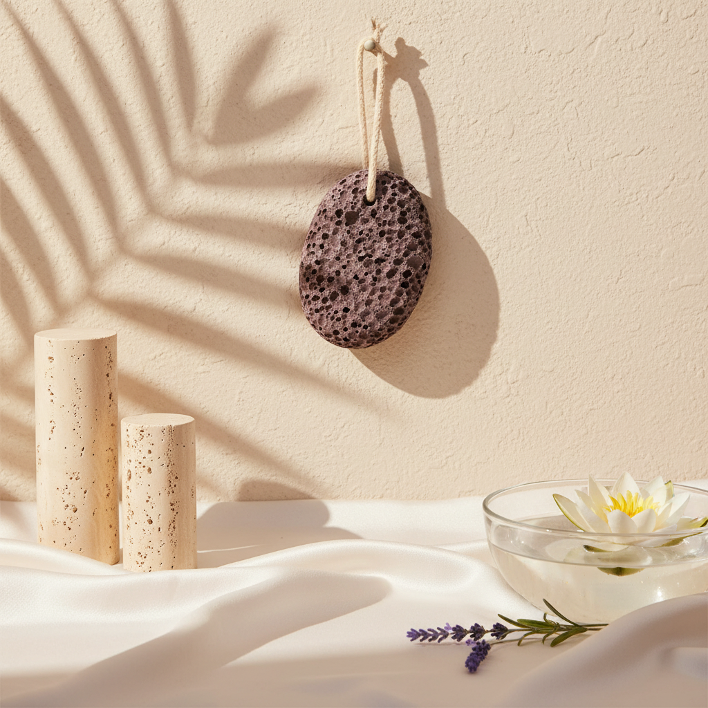 A natural volcanic lava pumice stone hanging by a rope against a textured wall with soft botanical shadows and spa decor in warm natural light. — for Carpe Diem Dream