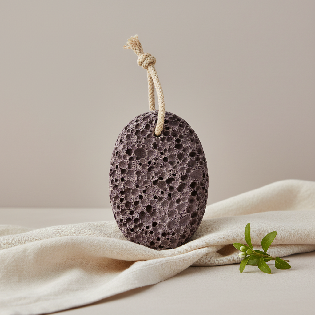 A natural volcanic lava pumice stone with a hanging rope displayed on soft fabric with minimal greenery in a clean neutral setting. — for Carpe Diem Dream