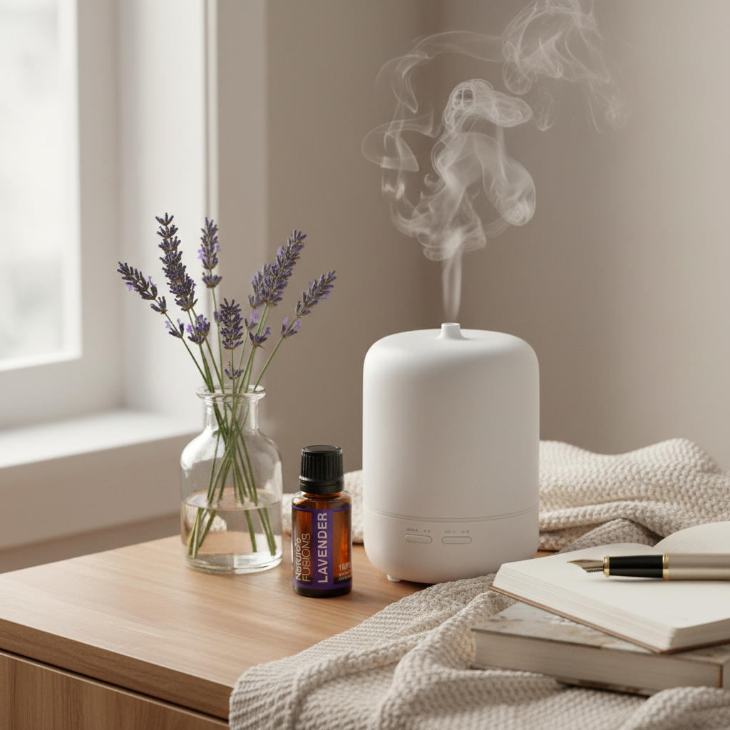 A 15ml bottle of Lavender essential oil displayed beside a white diffuser releasing steam, a glass vase of lavender sprigs, and an open journal on a wooden surface. — for Carpe Diem Dream