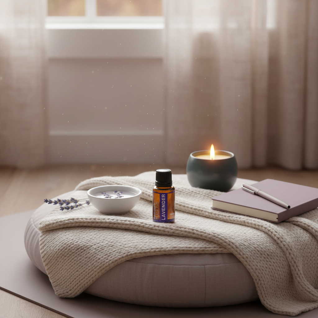 A 15ml bottle of Lavender essential oil displayed on a knit blanket beside a lit candle, journal, and small bowl in a calm meditation setting. — for Carpe Diem Dream