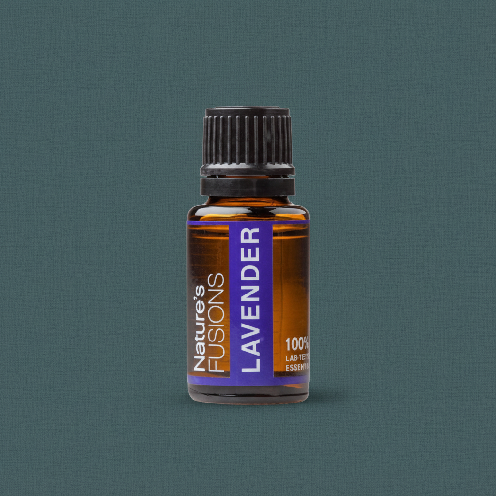 A 15ml amber glass bottle of Lavender essential oil with a black cap and purple label displayed against a muted teal background. — for Carpe Diem Dream