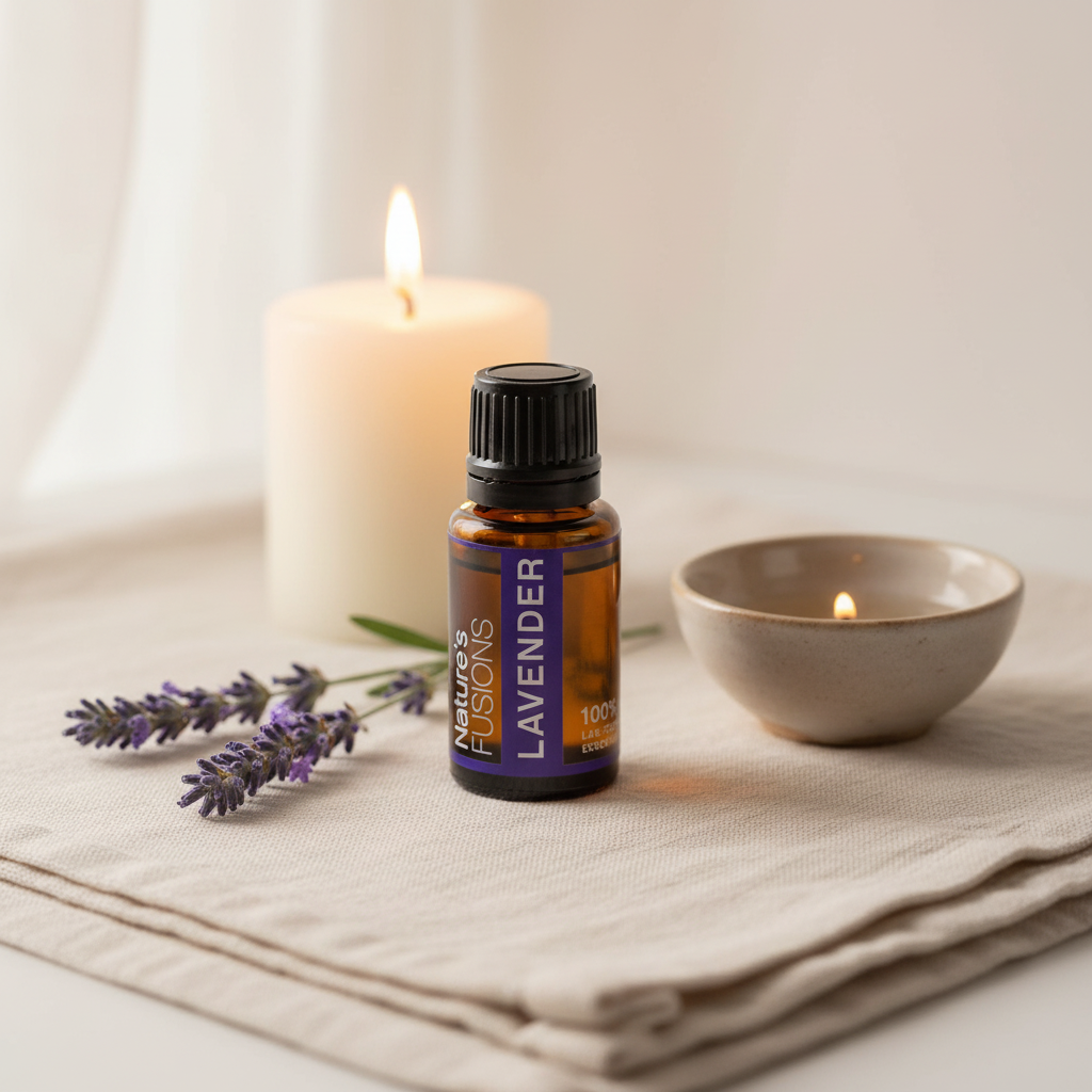 A 15ml bottle of Lavender essential oil displayed on folded linen beside a lit candle, small bowl, and fresh lavender sprigs in soft neutral lighting. — for Carpe Diem Dream