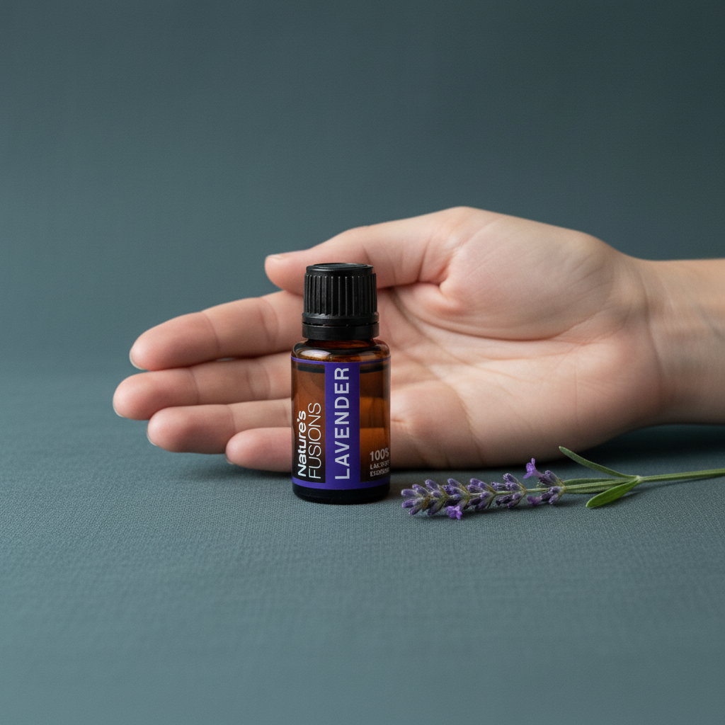 A hand holding a 15ml bottle of Lavender essential oil beside fresh lavender sprigs on a muted teal background. — for Carpe Diem Dream